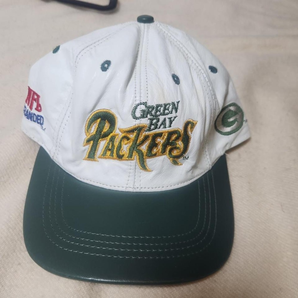 Green Bay Packers Hat White Cap Snapback Leather NFL Football Vintage 90s USA
